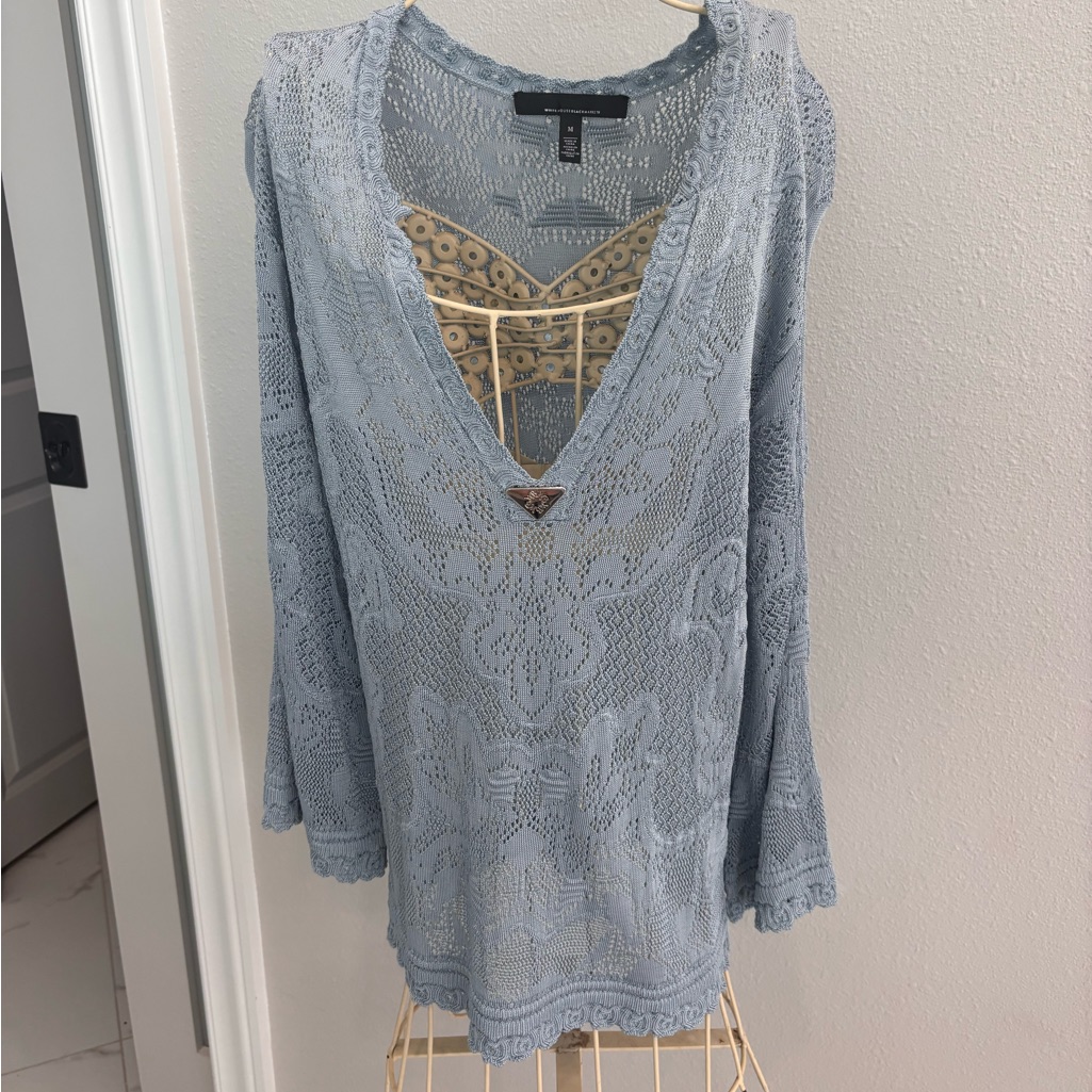 White House Black Market Light Blue Pointelle Stick Lace Knit Sweater Size M